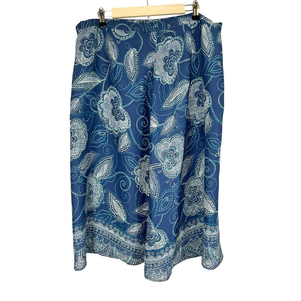 Retro Floral Flowy Midi Skirt Blue XL Paisley Coastal Preppy Resort Classic Chic